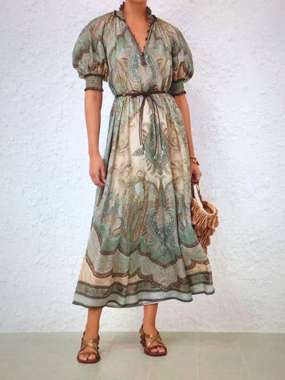 Zimmermann Sage Green Paisley Puff-Sleeve Maxi Dress - Picture 1 of 7